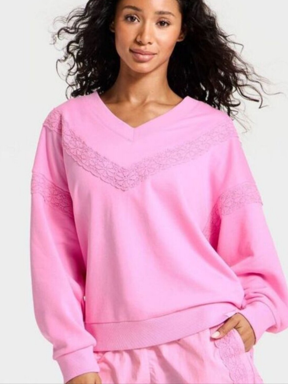 JoyLab Pink V-Neck Lace-Trim Pullover Sweatshirt